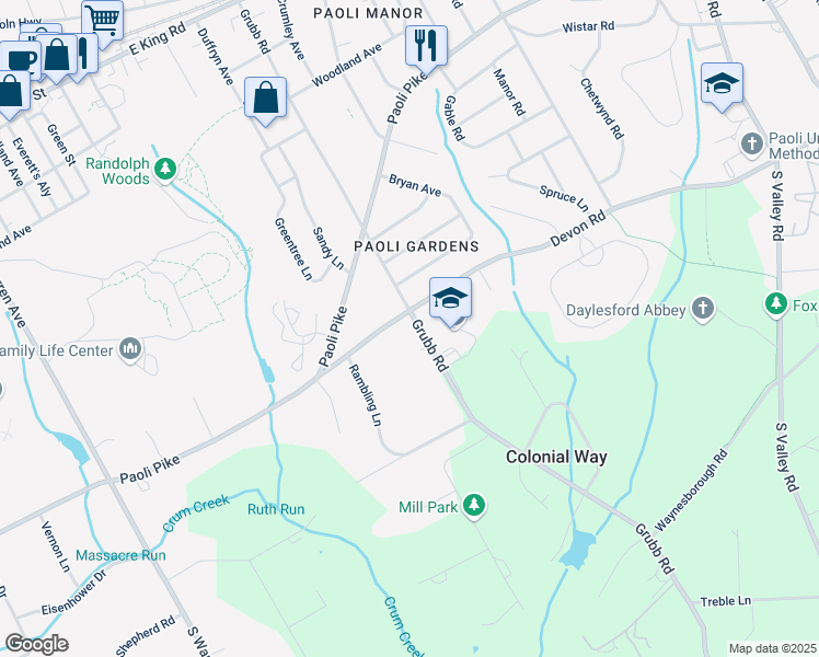map of restaurants, bars, coffee shops, grocery stores, and more near 102 Grubb Road in Malvern