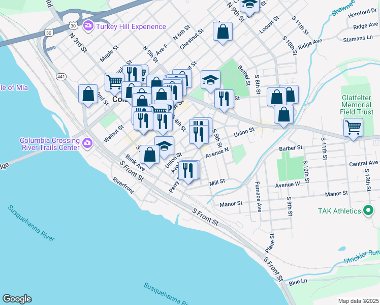 map of restaurants, bars, coffee shops, grocery stores, and more near 330 Union Street in Columbia