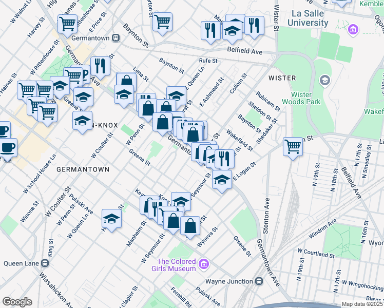 map of restaurants, bars, coffee shops, grocery stores, and more near Germantown Ave & W Manheim St in Philadelphia