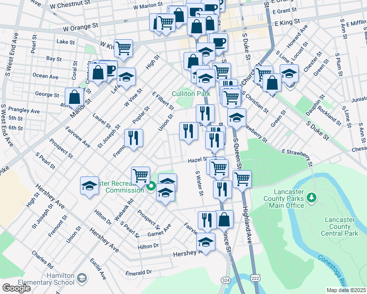 map of restaurants, bars, coffee shops, grocery stores, and more near 433 Hillside Avenue in Lancaster