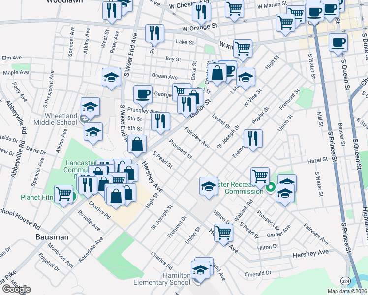 map of restaurants, bars, coffee shops, grocery stores, and more near 30 Prospect Street in Lancaster