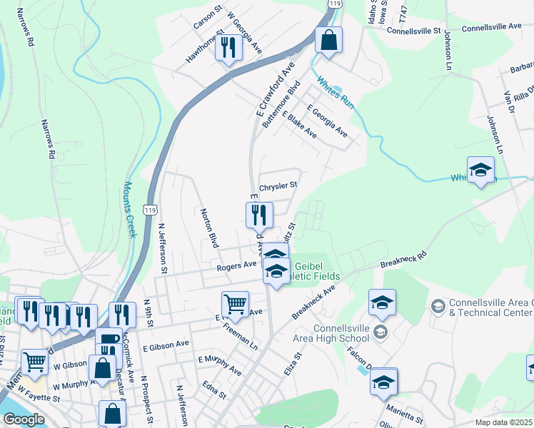 map of restaurants, bars, coffee shops, grocery stores, and more near 104 Newport Street in Connellsville