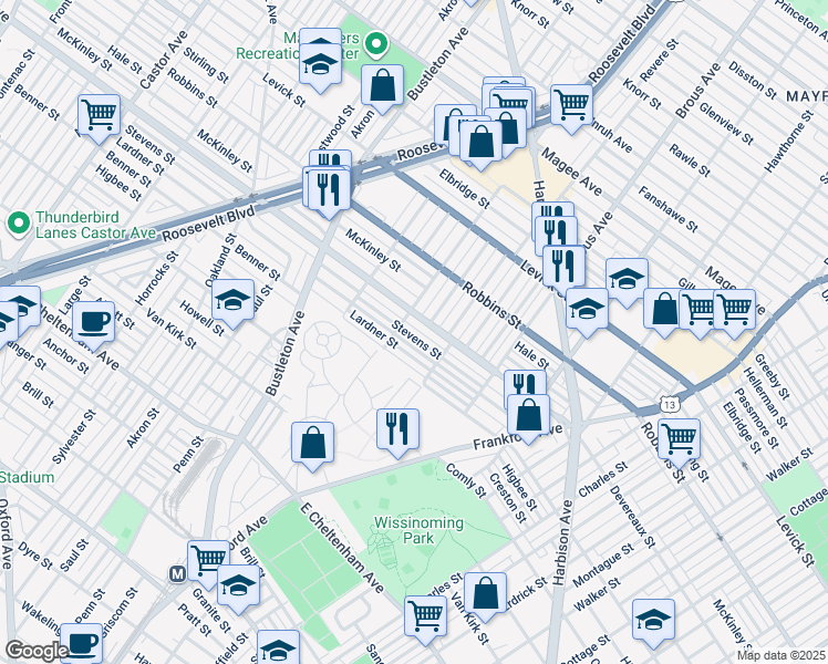 map of restaurants, bars, coffee shops, grocery stores, and more near 2715 Stevens Street in Philadelphia