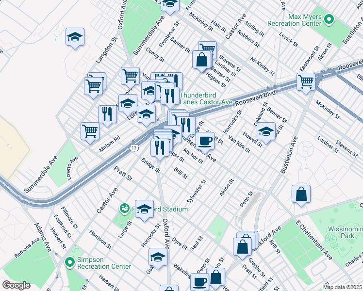 map of restaurants, bars, coffee shops, grocery stores, and more near 5430 Large Street in Philadelphia