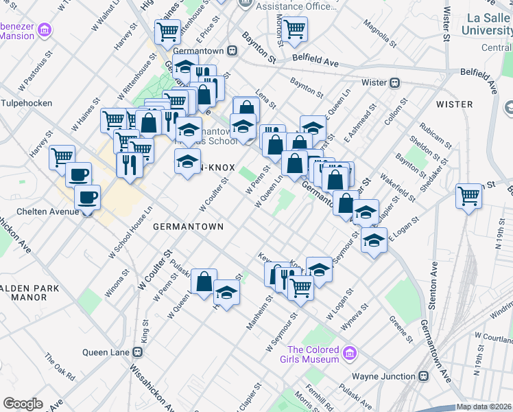 map of restaurants, bars, coffee shops, grocery stores, and more near 5300 Greene Street in Philadelphia