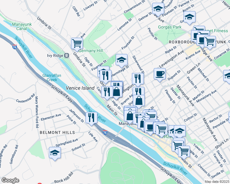 map of restaurants, bars, coffee shops, grocery stores, and more near 107 Ripka Street in Philadelphia