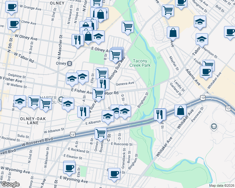 map of restaurants, bars, coffee shops, grocery stores, and more near 523 East Tabor Road in Philadelphia