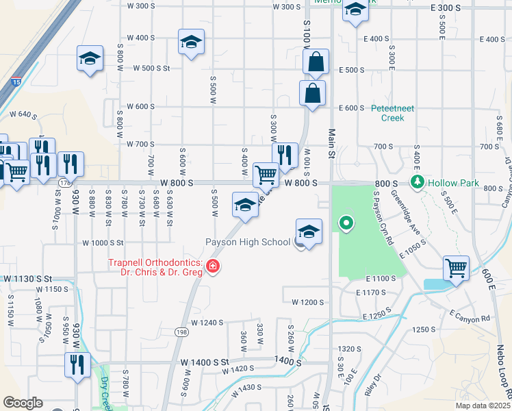 map of restaurants, bars, coffee shops, grocery stores, and more near 1025 Utah 198 in Payson