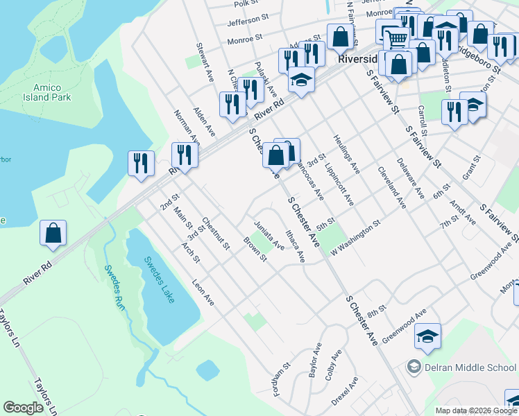 map of restaurants, bars, coffee shops, grocery stores, and more near 305 Ithaca Avenue in Delran