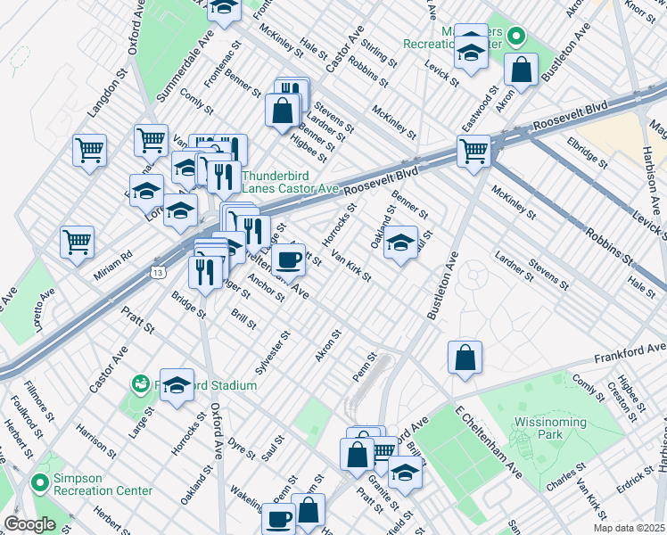 map of restaurants, bars, coffee shops, grocery stores, and more near 1523 Alcott Street in Philadelphia