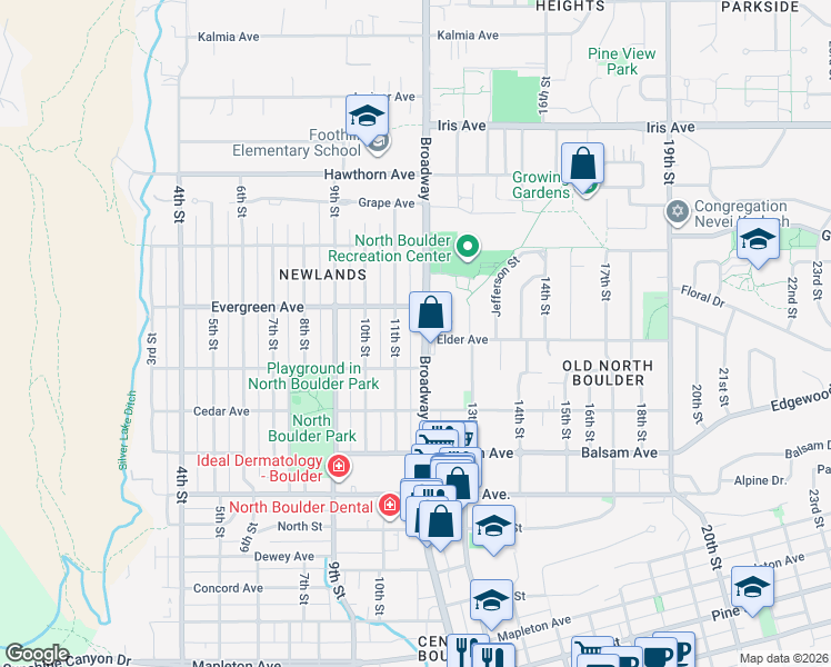 map of restaurants, bars, coffee shops, grocery stores, and more near 3025 Broadway Street in Boulder
