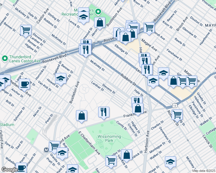 map of restaurants, bars, coffee shops, grocery stores, and more near 2715 Stevens Street in Philadelphia