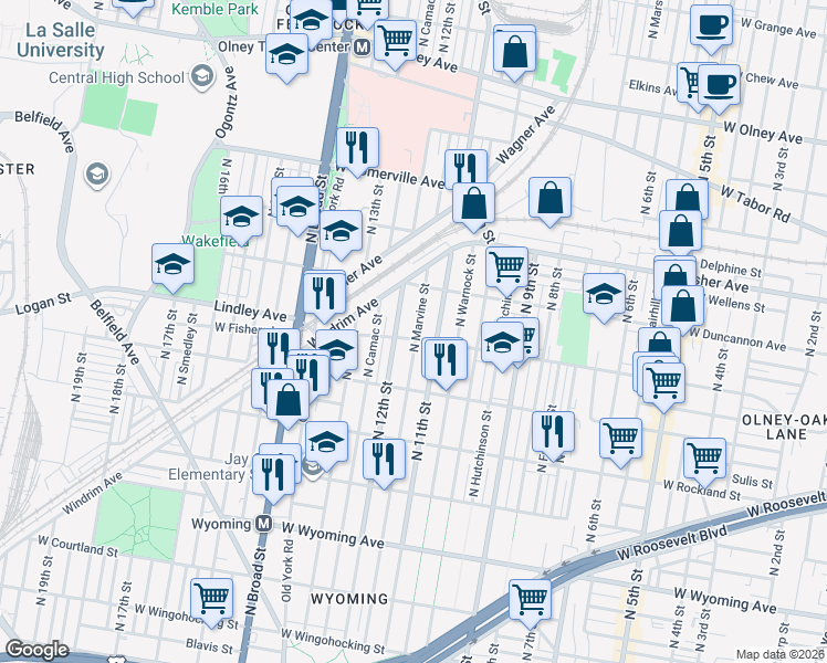 map of restaurants, bars, coffee shops, grocery stores, and more near 5109 North 12th Street in Philadelphia