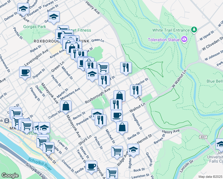 map of restaurants, bars, coffee shops, grocery stores, and more near 531 Roxborough Avenue in Philadelphia