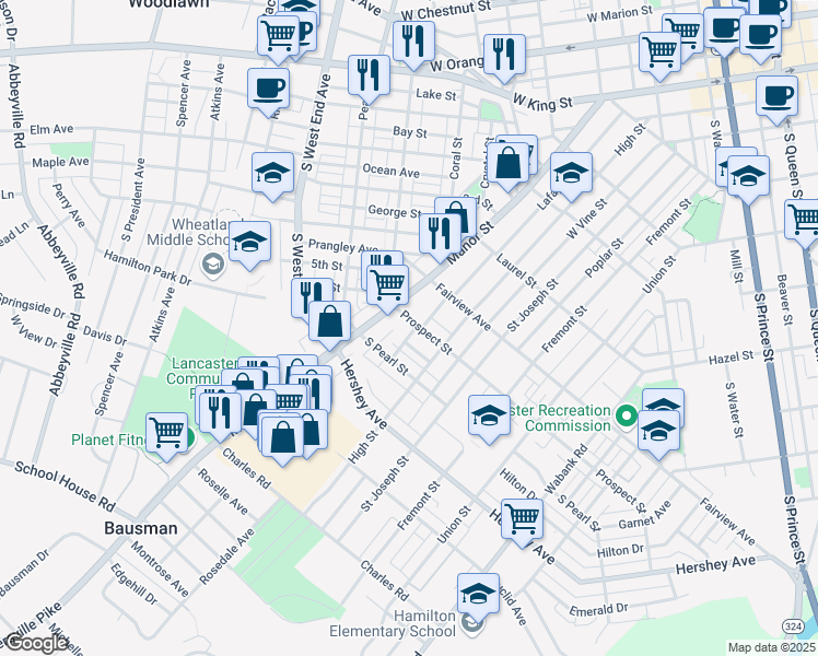 map of restaurants, bars, coffee shops, grocery stores, and more near 34 Prospect Street in Lancaster