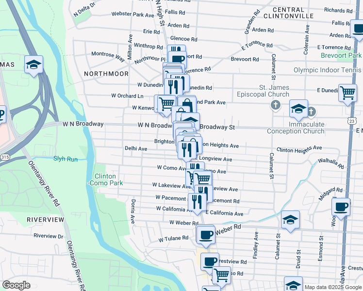 map of restaurants, bars, coffee shops, grocery stores, and more near 21 Brighton Road in Columbus
