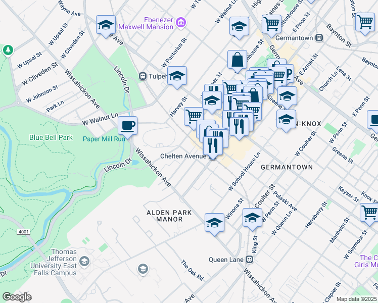 map of restaurants, bars, coffee shops, grocery stores, and more near 5801 Morris Street in Philadelphia