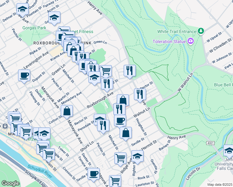 map of restaurants, bars, coffee shops, grocery stores, and more near 545 Roxborough Avenue in Philadelphia