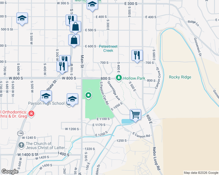 map of restaurants, bars, coffee shops, grocery stores, and more near 876 Greenridge Avenue in Payson