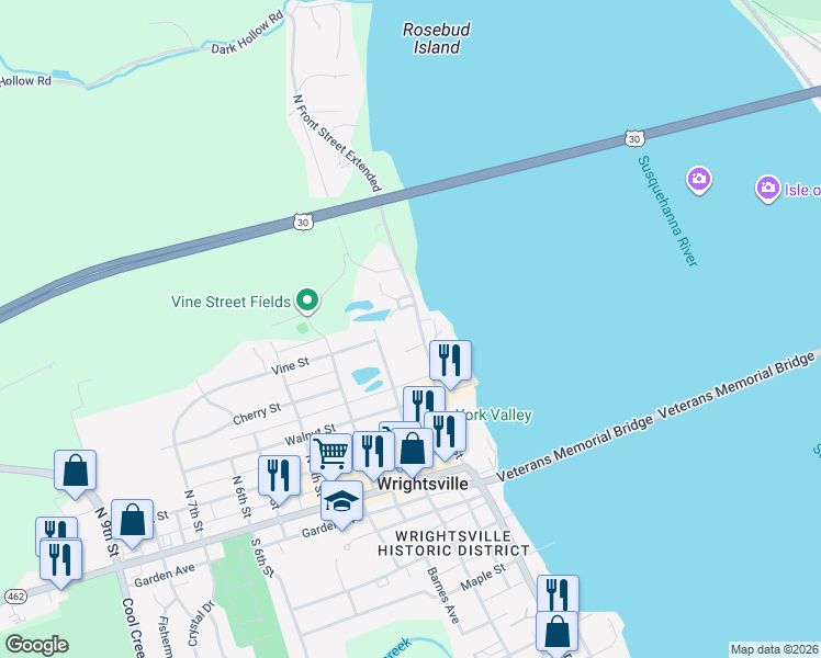map of restaurants, bars, coffee shops, grocery stores, and more near 491 North Front Street in Wrightsville