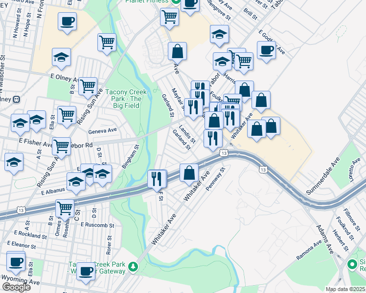 map of restaurants, bars, coffee shops, grocery stores, and more near 754 Garland Street in Philadelphia