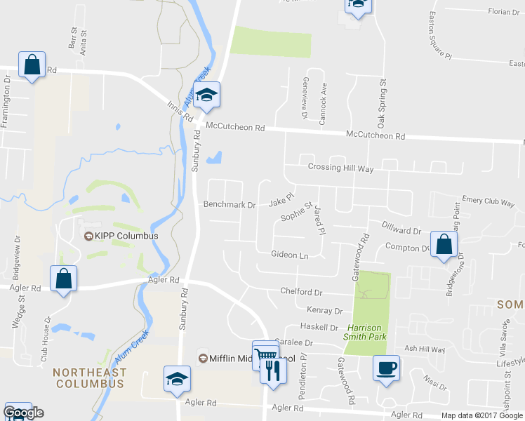 map of restaurants, bars, coffee shops, grocery stores, and more near 3089 Jake Place in Columbus