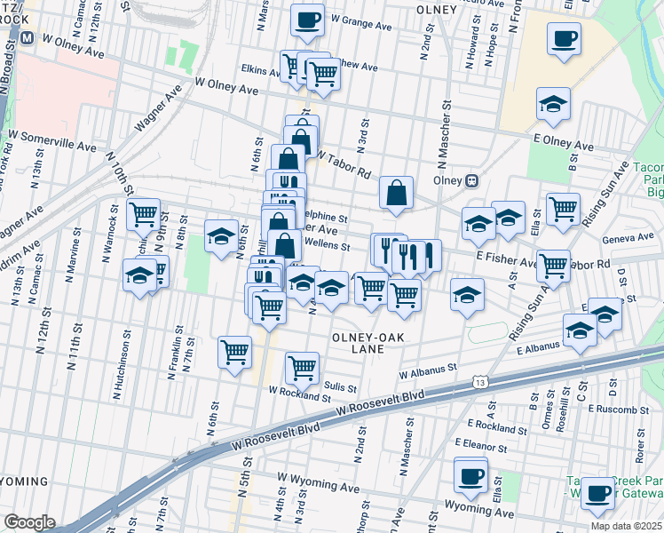 map of restaurants, bars, coffee shops, grocery stores, and more near 311 West Duncannon Avenue in Philadelphia