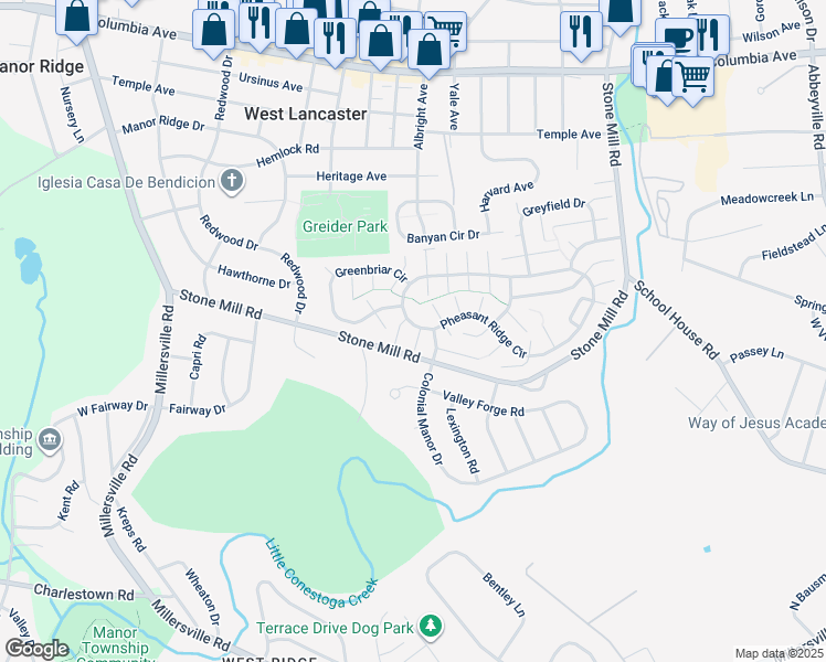 map of restaurants, bars, coffee shops, grocery stores, and more near 109 Falcon Court in Lancaster