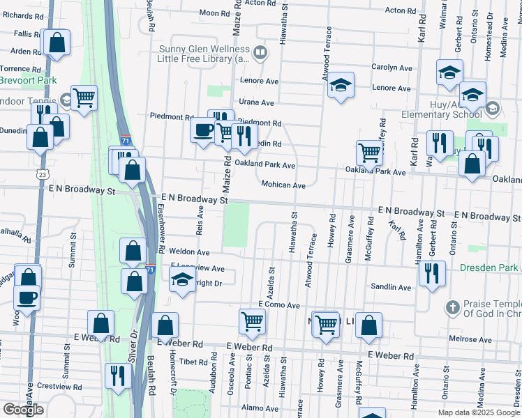 map of restaurants, bars, coffee shops, grocery stores, and more near 973 East North Broadway in Columbus