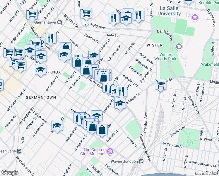 map of restaurants, bars, coffee shops, grocery stores, and more near 26 East Wister Street in Philadelphia