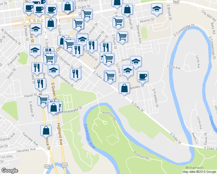 map of restaurants, bars, coffee shops, grocery stores, and more near 802 South Duke Street in Lancaster