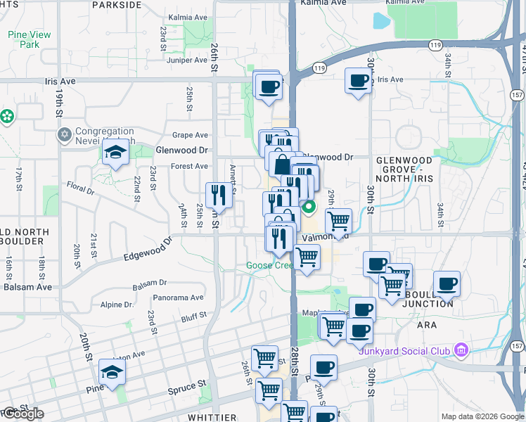 map of restaurants, bars, coffee shops, grocery stores, and more near 3066 Littleleaf Lane in Boulder