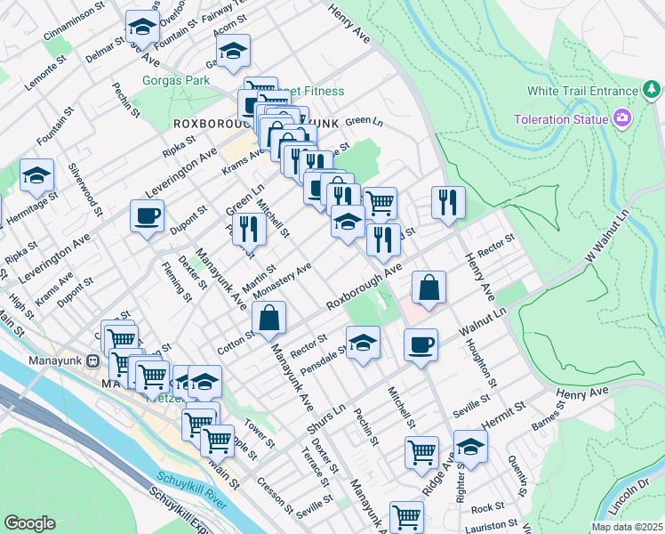 map of restaurants, bars, coffee shops, grocery stores, and more near 466 Gerhard Street in Philadelphia