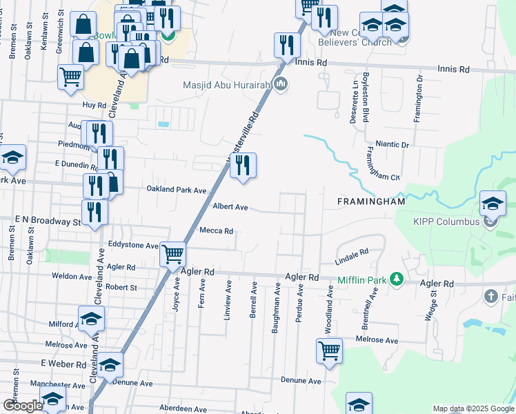 map of restaurants, bars, coffee shops, grocery stores, and more near 2182 Albert Avenue in Columbus