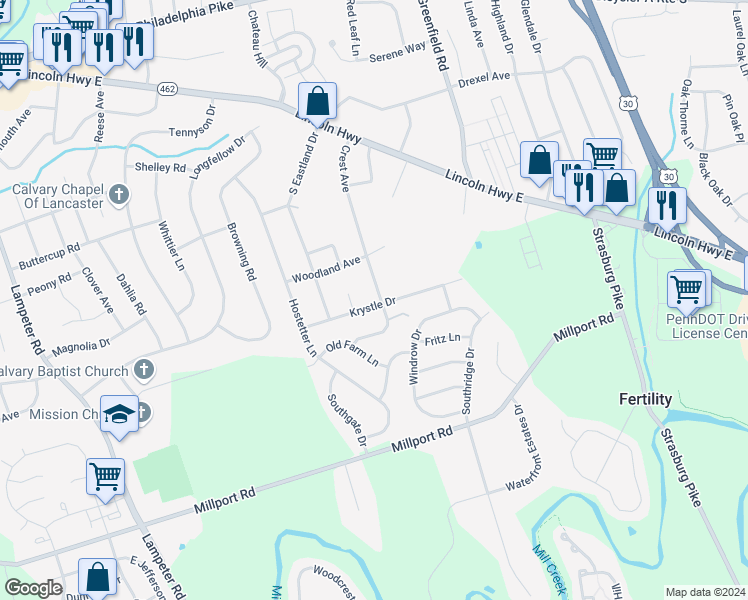 map of restaurants, bars, coffee shops, grocery stores, and more near 1827 Krystle Drive in Lancaster