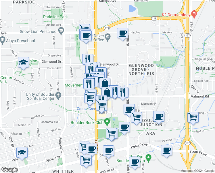 map of restaurants, bars, coffee shops, grocery stores, and more near 3077 29th Street in Boulder