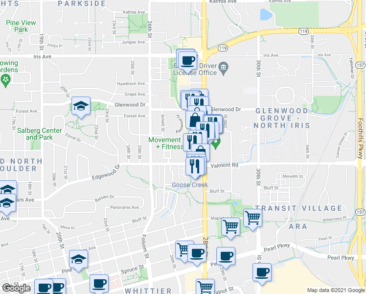 map of restaurants, bars, coffee shops, grocery stores, and more near 3066 Littleleaf Lane in Boulder