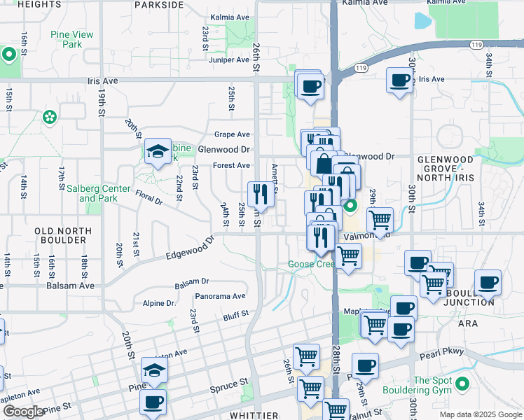 map of restaurants, bars, coffee shops, grocery stores, and more near 3030 Folsom Street in Boulder