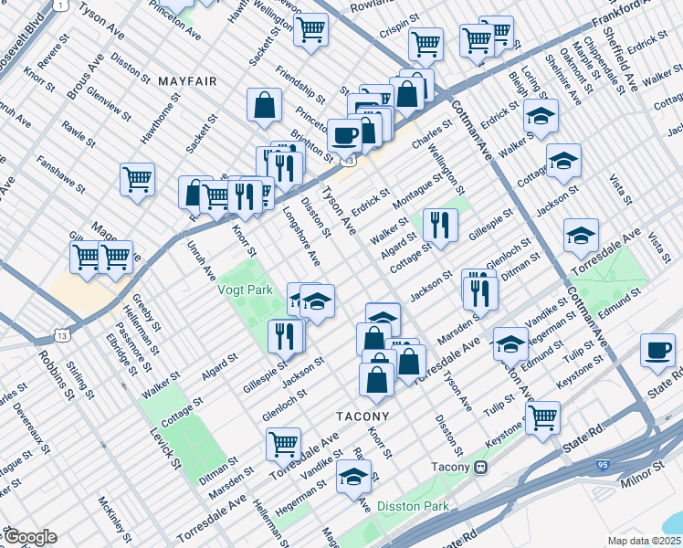 map of restaurants, bars, coffee shops, grocery stores, and more near 4313 Disston Street in Philadelphia