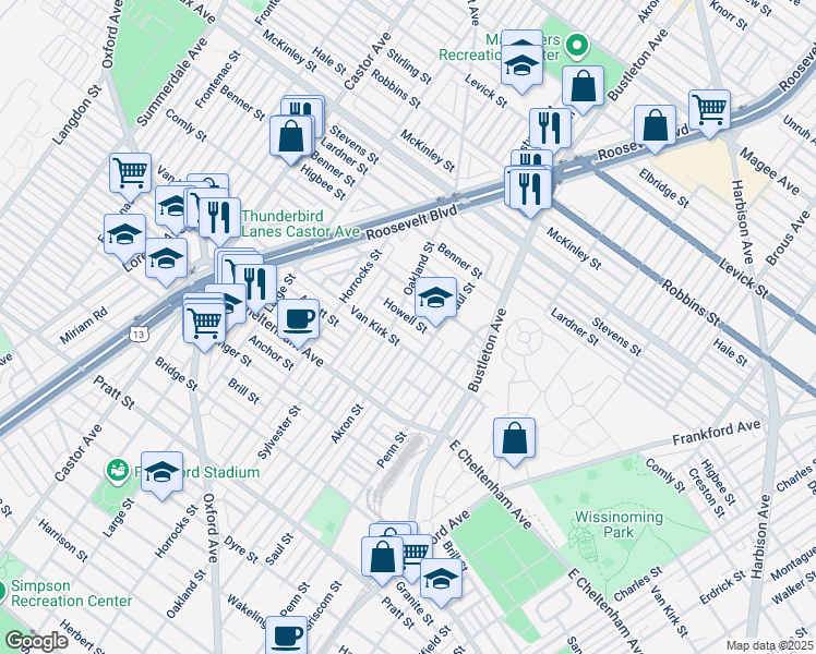 map of restaurants, bars, coffee shops, grocery stores, and more near 1614 Howell Street in Philadelphia