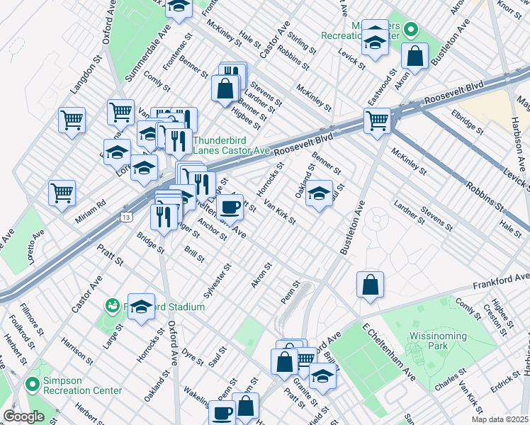 map of restaurants, bars, coffee shops, grocery stores, and more near 1523 Alcott Street in Philadelphia