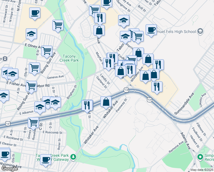 map of restaurants, bars, coffee shops, grocery stores, and more near 746 Garland Street in Philadelphia
