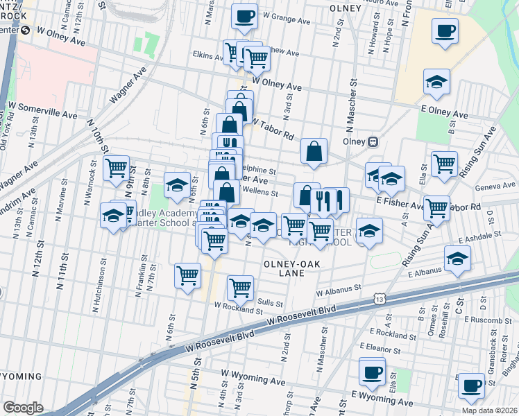 map of restaurants, bars, coffee shops, grocery stores, and more near 5216 North 3rd Street in Philadelphia