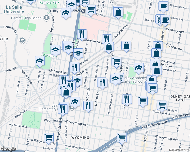 map of restaurants, bars, coffee shops, grocery stores, and more near 5109 North 12th Street in Philadelphia