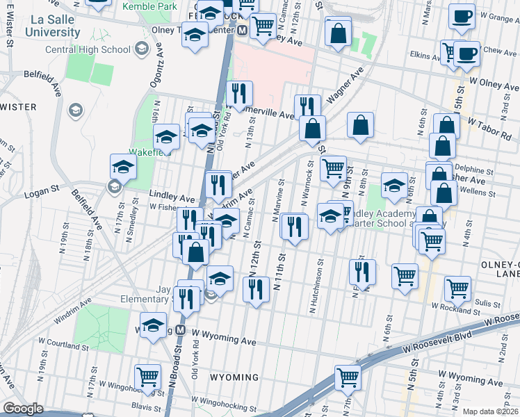 map of restaurants, bars, coffee shops, grocery stores, and more near 5109 North 12th Street in Philadelphia