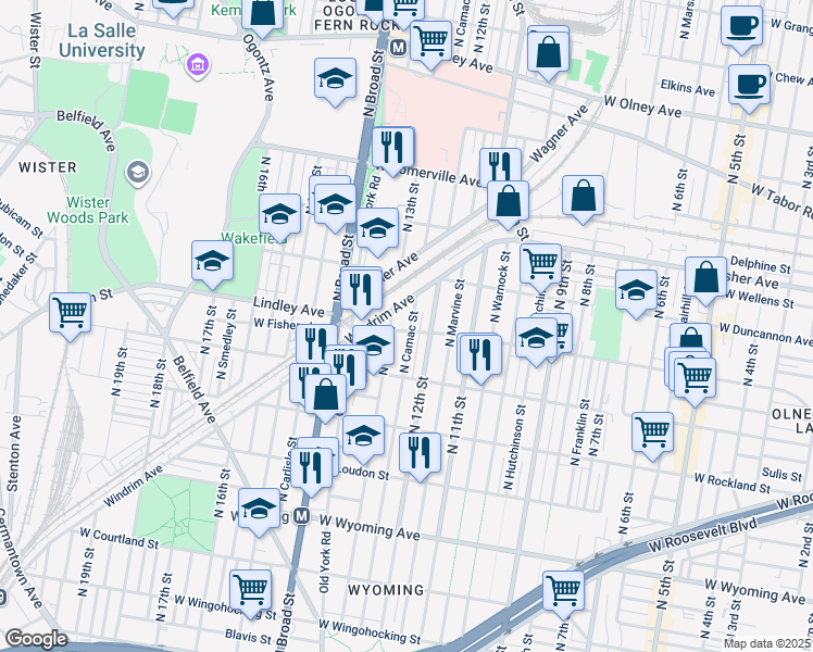 map of restaurants, bars, coffee shops, grocery stores, and more near 5107 North 13th Street in Philadelphia