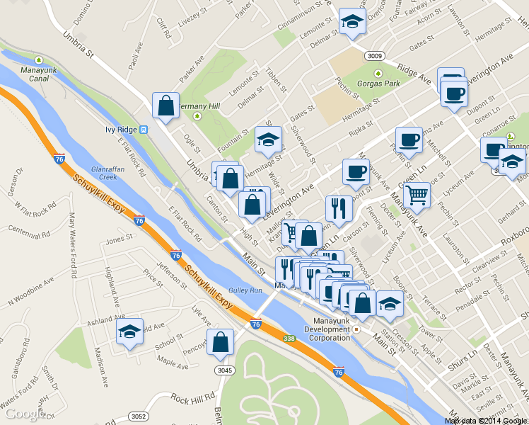 map of restaurants, bars, coffee shops, grocery stores, and more near 148 Leverington Avenue in Philadelphia
