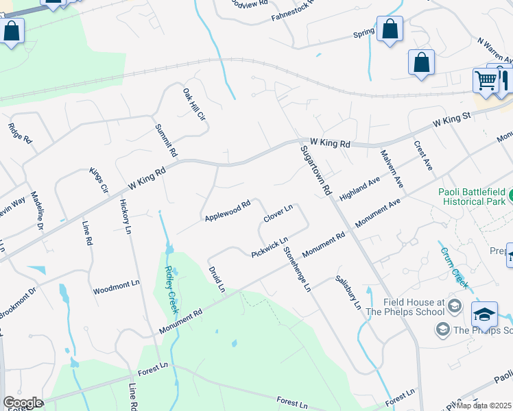 map of restaurants, bars, coffee shops, grocery stores, and more near 9 Applewood Road in Malvern