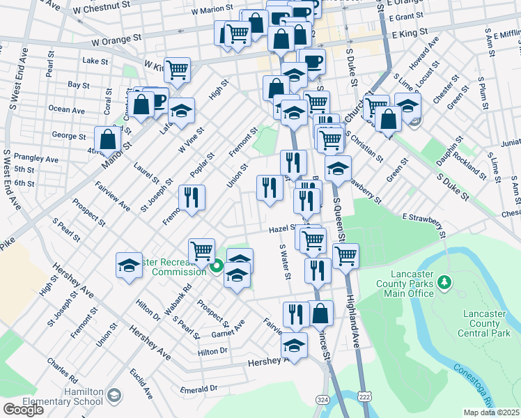 map of restaurants, bars, coffee shops, grocery stores, and more near 425 Hillside Avenue in Lancaster