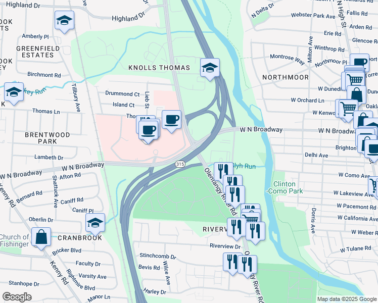 map of restaurants, bars, coffee shops, grocery stores, and more near 500-532 W North Broadway St in Columbus